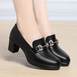 Women High Heels Platform Pumps Spring Autumn New Fashion Metal Buckle Black Office Shoes Woman Soft Leather Shoes Femme