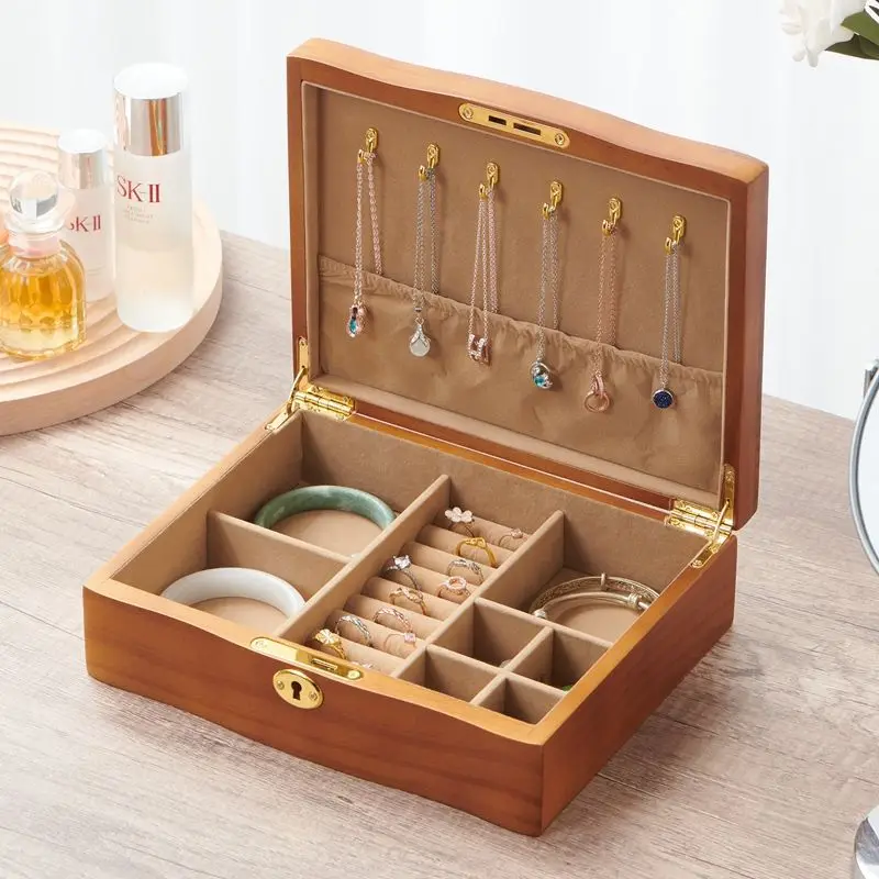 

Шкатулка для хранения ювелирных изделий из цельного дерева b бык с замком, высококачественные изысканные серьги, ожерелье, кольцо, ретро легкая роскошная шкатулка для драгоценностей