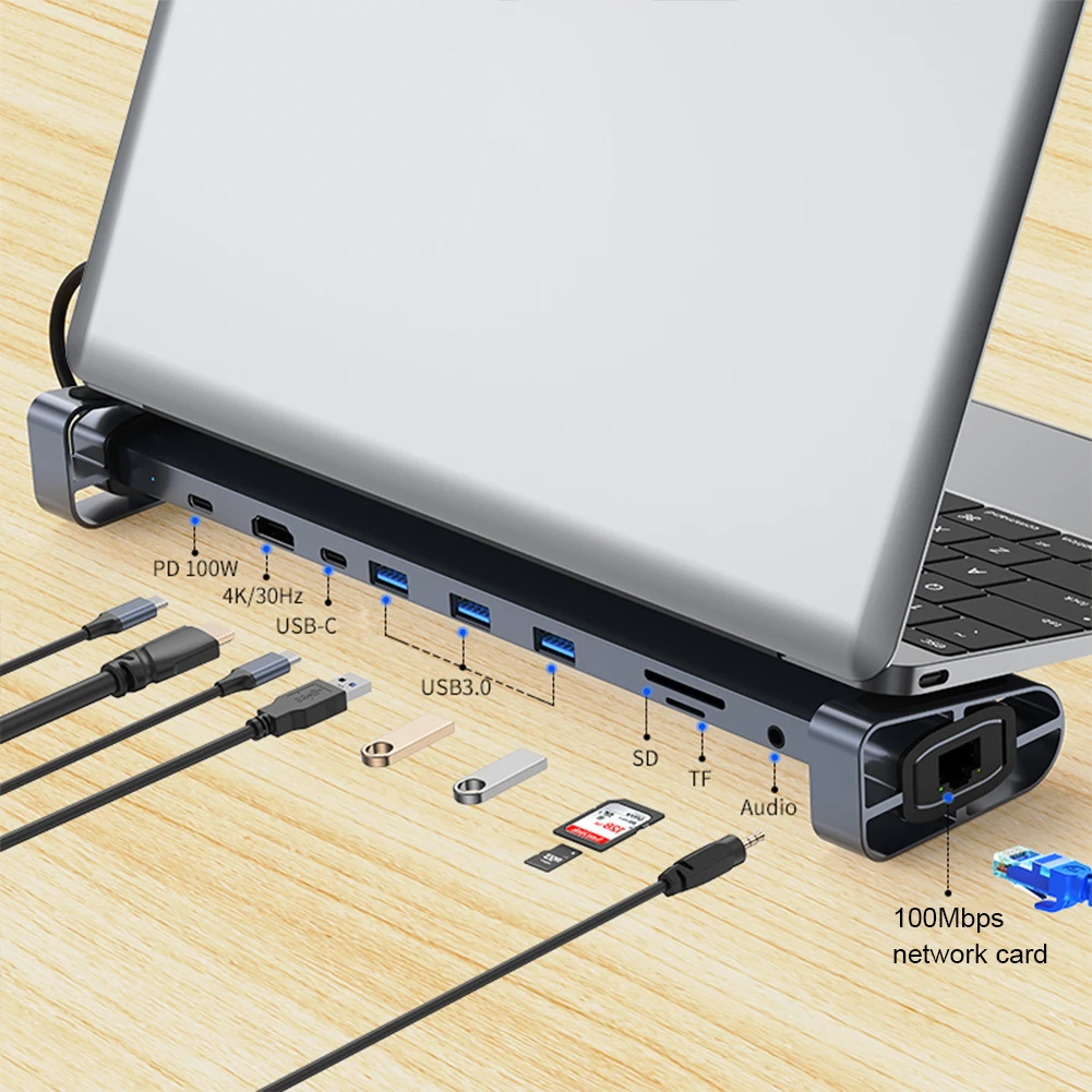 10 in 1 USB HUB 3.0 USB C HUB Dock Station PD 100W Fast Charge Multi-hub Splitter 4K/30Hz 3.5mm Audio Jack for Macbook Pro Air