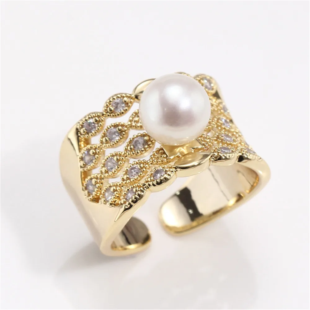 

14K Gold Color Open Ring Plated With True Gold Craft Wide Zircon Pearl DIY Sticky Crystal Empty Ring Holder Accessories