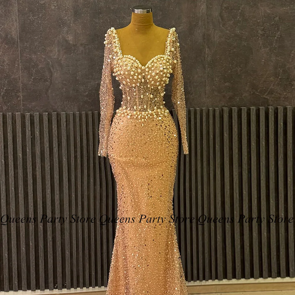 Evening Dress Sweetheart Customized Long Sleeves Pearls Beading Illusion Sweep Train Prom Gown Formal Party Dresses Robe Soiree