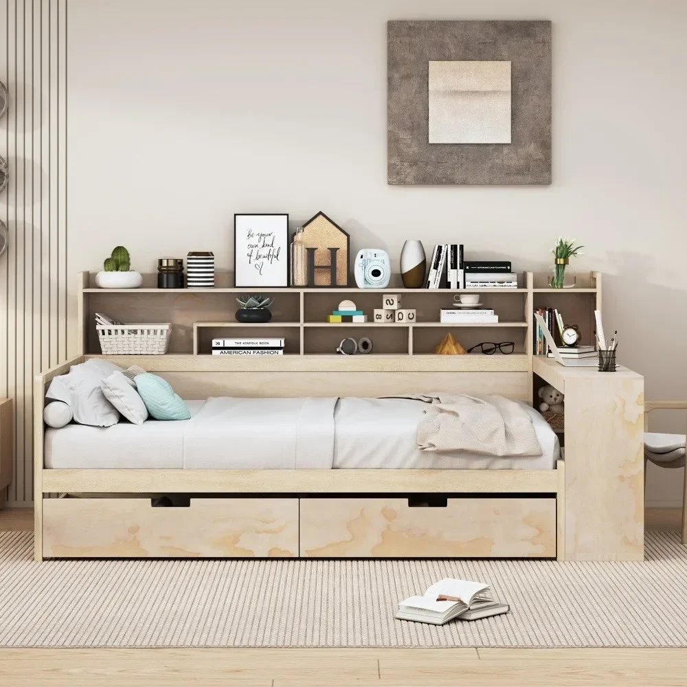 Wooden Full-Size Daybed with Storage Shelves, Multi-functional Bed with Two Storage Drawers and Study Desk, Natural Beds