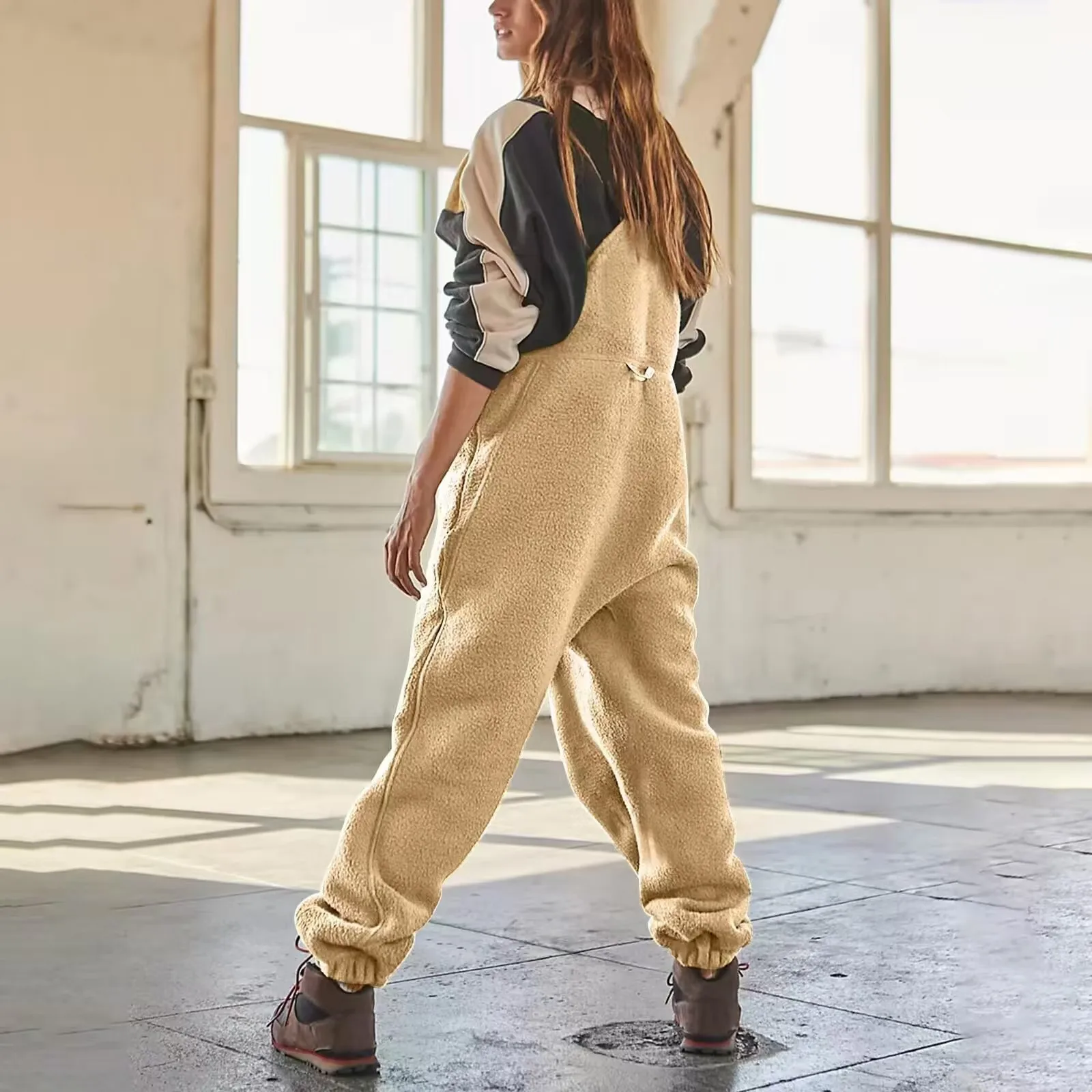 Spring and Autumn Winter Casual Loose Vacation Pure Color Workwear Jumpsuit Polar Fleece Overalls Female Student