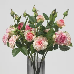 High Quality 3-Head Fake Rose Flowers, Hand Feel Mosturizing Artificial Flowers Plants Home Living Room Office Party Decoration