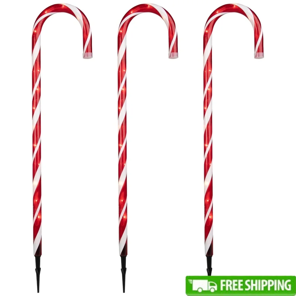 

Набор из 3 маркеров для рождественских дорожек Candy Cane, предварительно освещенных 5 мини-лампочек, простая сборка, в комплекте, внесенные в список UL.