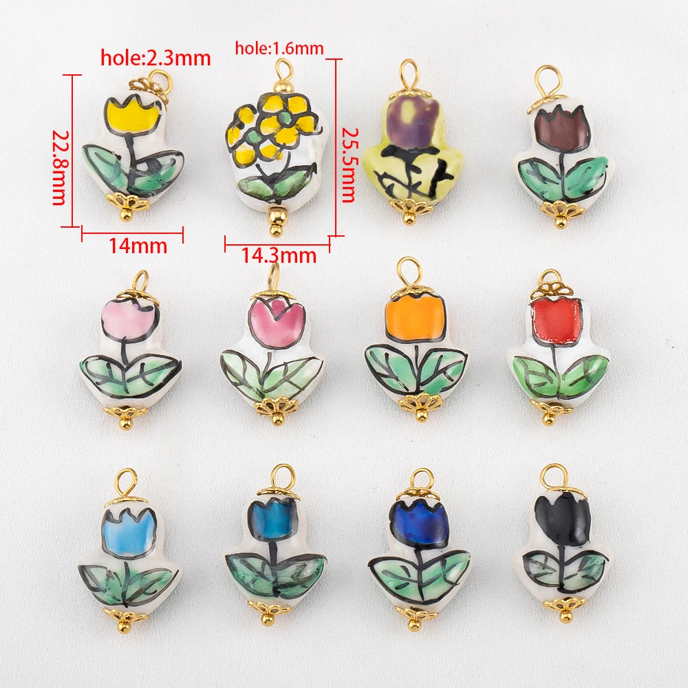 2 قطعة المعلقات زهرة السيراميك رسمت الفولاذ المقاوم للصدأ سحر ملون DIY بها بنفسك صنع المجوهرات أساور القرط اكسسوارات الحرف #6
