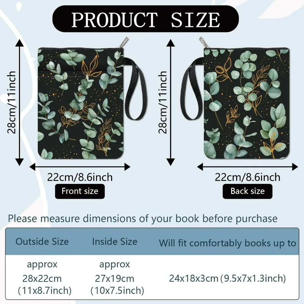 Eucalyptus Leaf Book Cover Botanical Book Sleeve 11x8.7inch Zipper Front Pocket Washable Fabric Pouch Protector