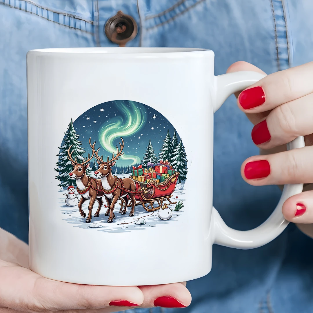 Taza de 11oz, caja de regalo de trineo de Navidad de dibujos animados, ilustración de carro de reno, taza de ambiente festivo, oficina familiar Chris