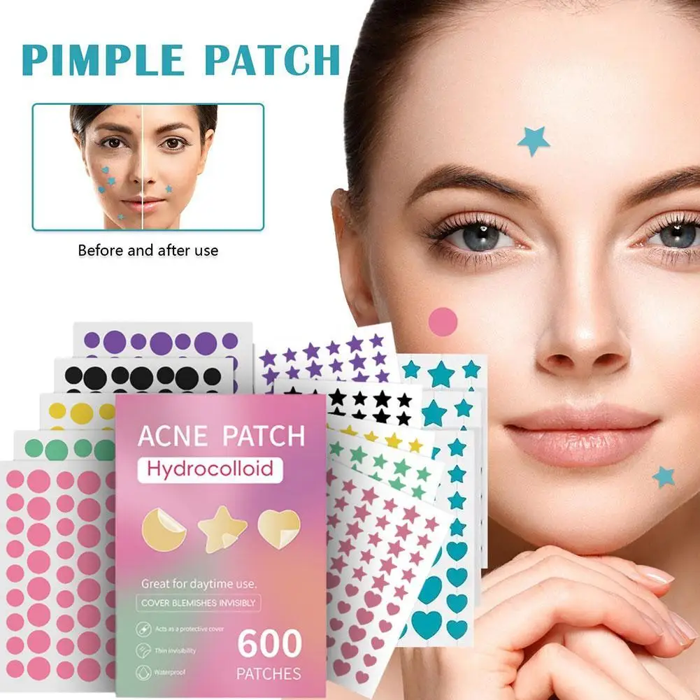 600pcs Five-color Large-size Mixed Acne Patch 600 Counts Star Heart Pimple Skin Sticker Acne Patch Acne Cover Care Invisible