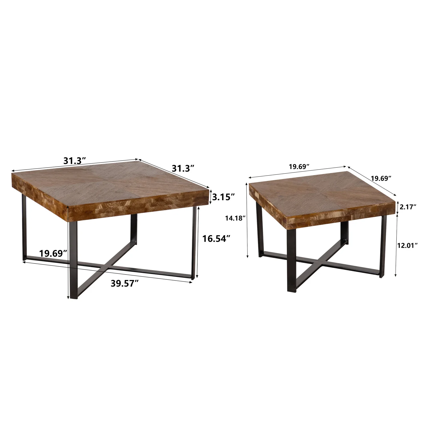 Mesa de centro cuadrada de empalme retro moderna de 31,3 ", tablero de mesa de madera de abeto con patas cruzadas y base de metal (juego de 2 piezas)