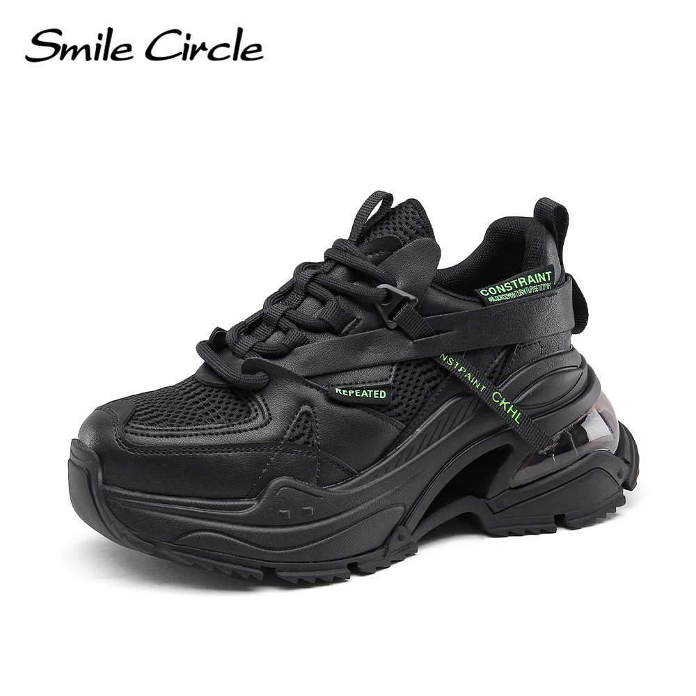 Smile Circle Chunky Sneakers Women Flat Platform Sneakers Lace-up Casual Round toe Sneakers Ladies Shoes Trainers