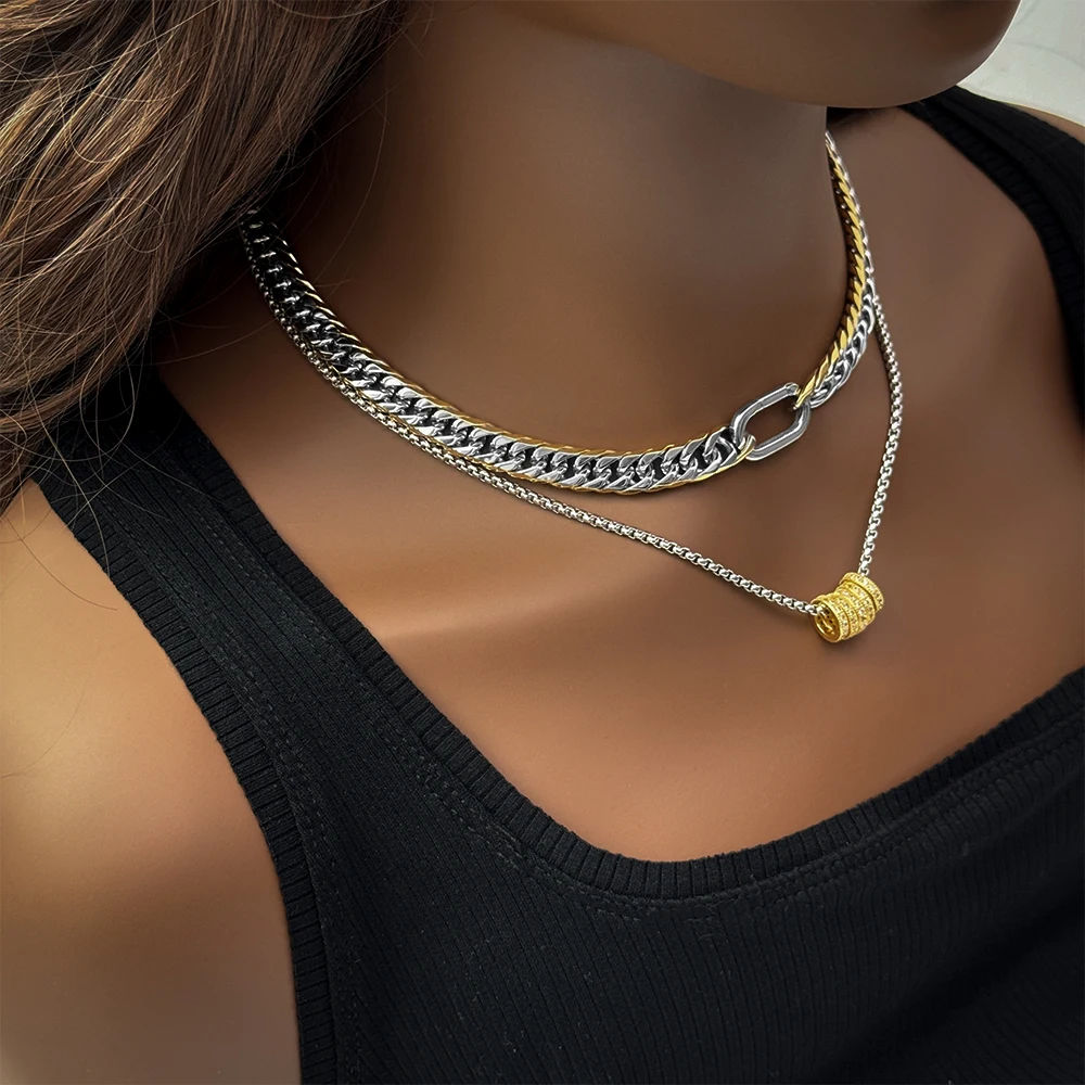 2024 Neuer Design-Schmuck, wasserdicht, 18 Karat vergoldeter Edelstahl, zweifarbig, kubanische Kette, charmefarbene Zirkon-Charm-Halskette – Detail 8