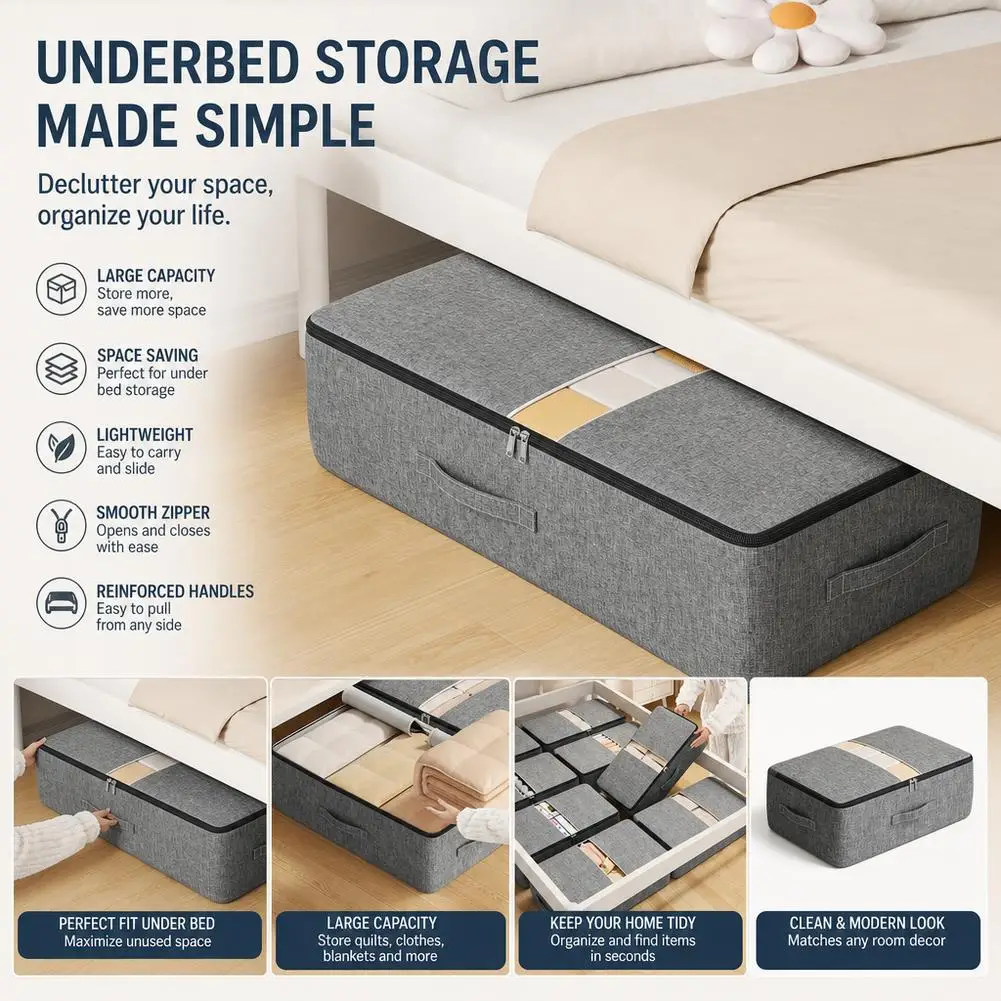 Cation Bed Under Storage Bag, Transparent Window, Handle Included, Ideal for Clothes, Blankets, Placement Under Bed, Closet, War
