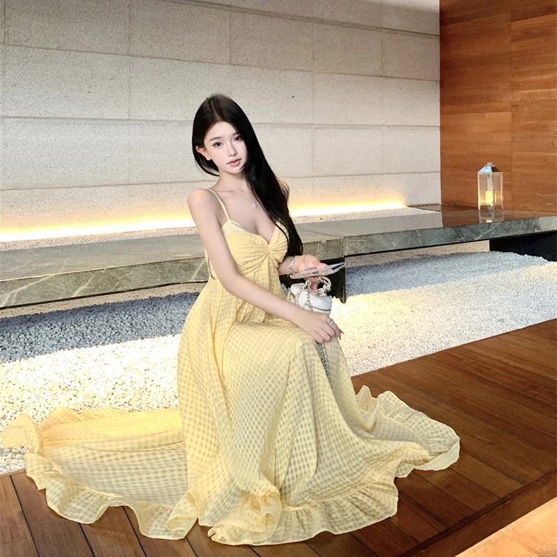 Gidyq สีเหลืองลายสก๊อตวันหยุดชุดผู้หญิงเซ็กซี่ชายหาด Backless Camis ฤดูร้อน Chic ไม่สม่ําเสมอสปาเก็ตตี้ Vestidos ใหม่