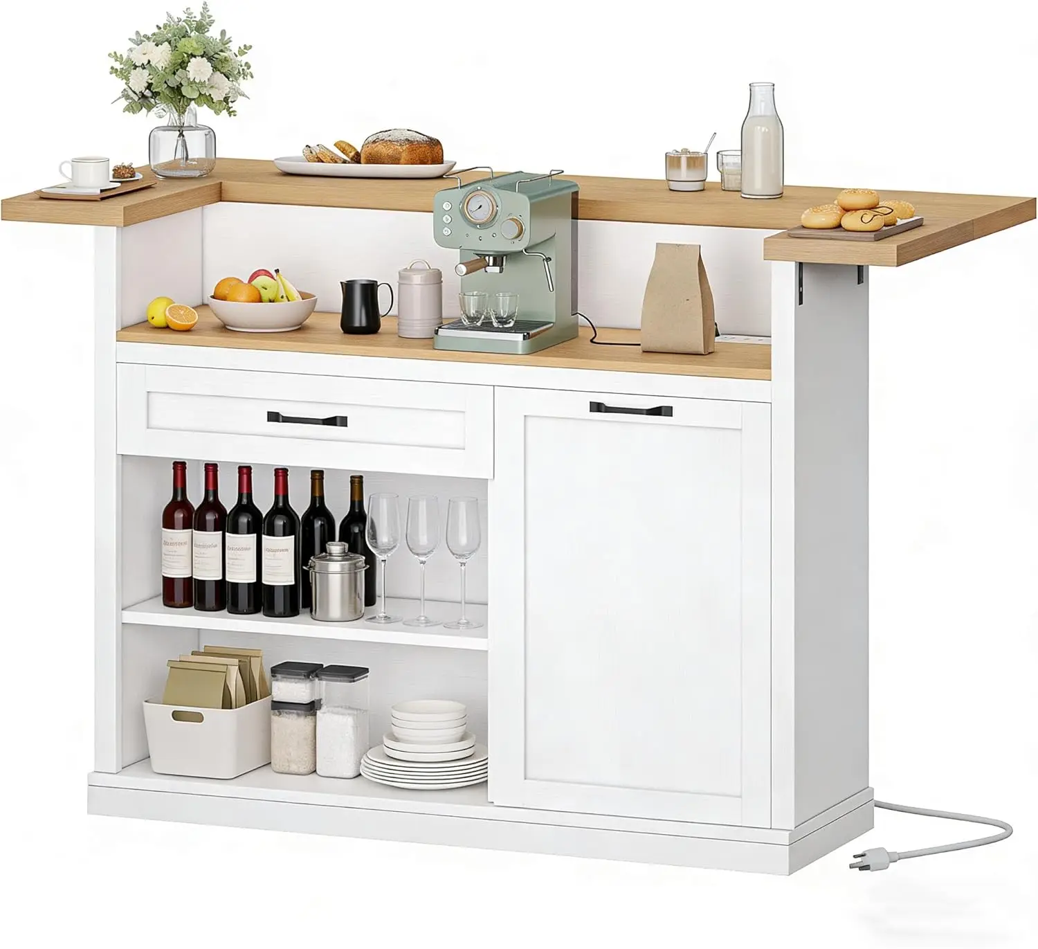 

55 Bar Cabinet Kitchen Island with Storage Drop Leaf Power Outlet Trash Can Cabinet Mobile Table White