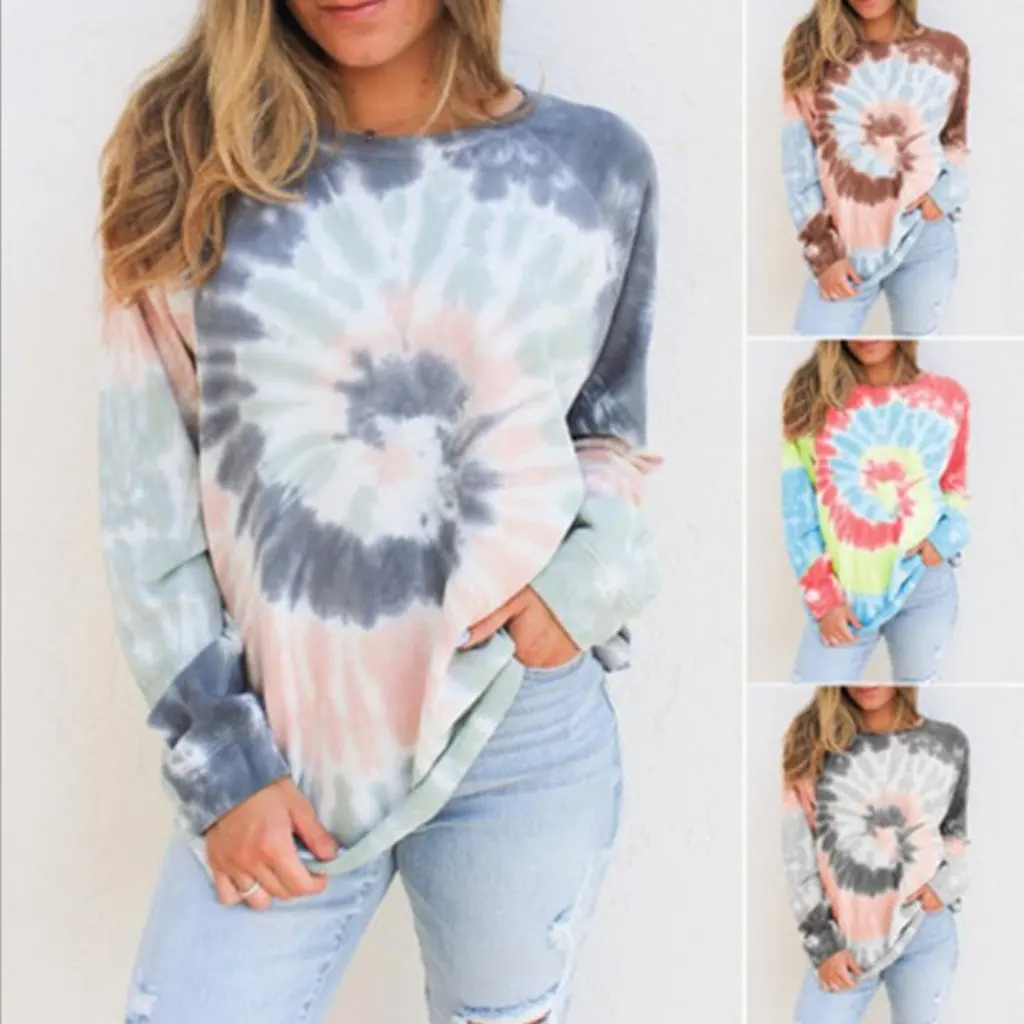 Suéter con estampado Tie-Dye para mujer, Top holgado de manga larga con cuello redondo, moda europea americana de nuevo estilo para otoño e invierno