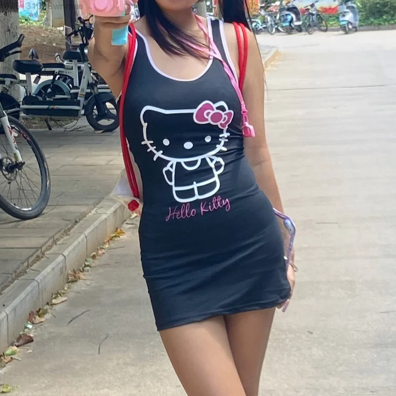 Sanrio Spicy Girl Y2K Cute Hello Kitty Sheath Dress Cute Cartoon Printed Matching Slim Dress Wrapped Hip Dress Summer Clothes