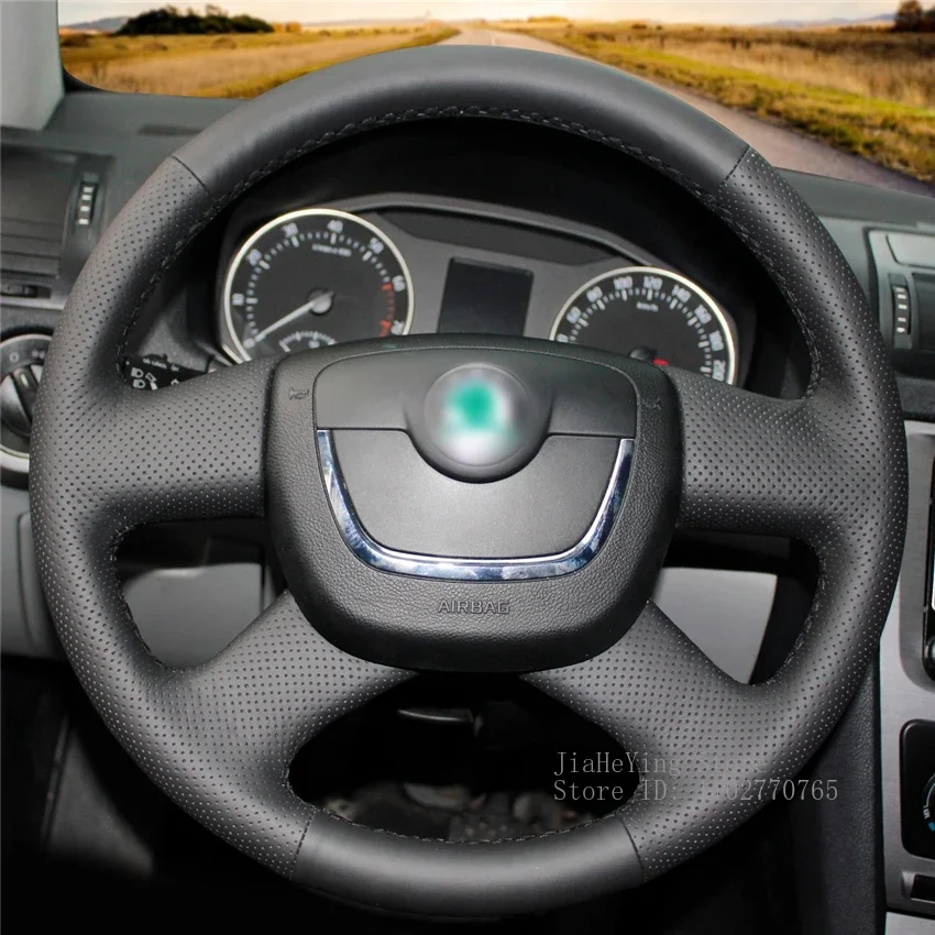

DIY Hand-Stitched Non-slip Durable Black Artificial Leather Steering Wheel Cover for Skoda Octavia Superb Fabia Octavia A5 Yeti
