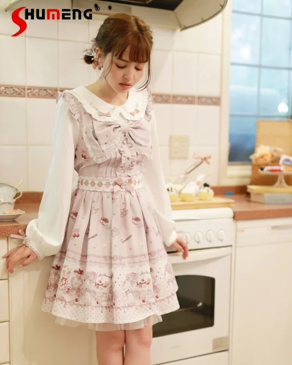 Imagem -04 - Peter Pan Collar Lace Bowkdress Doce Impressão dos Desenhos Animados Manga Comprida Vestido Curto A-line Estilo Lolita Estilo Japonês Produzido em Massa