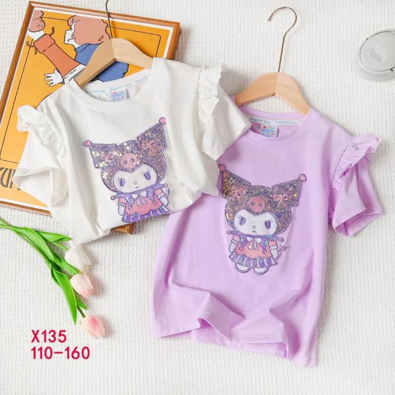 

Summer Kuromi Anime Kawaii Sanrio Ins Fashion Cotton Short Sleeved Shirt New Cute Cartoon Children Hoodie Top Clothes Gifts