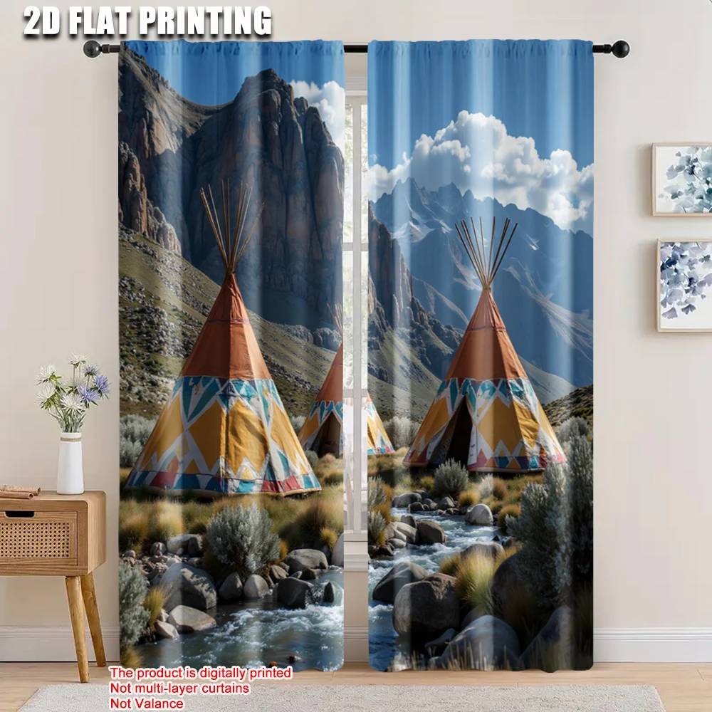 

2pcs, 2D flat printing Drapes River View Tent Durable Polyester,Without Electricity Spring Party & Holiday Decor for Holiday