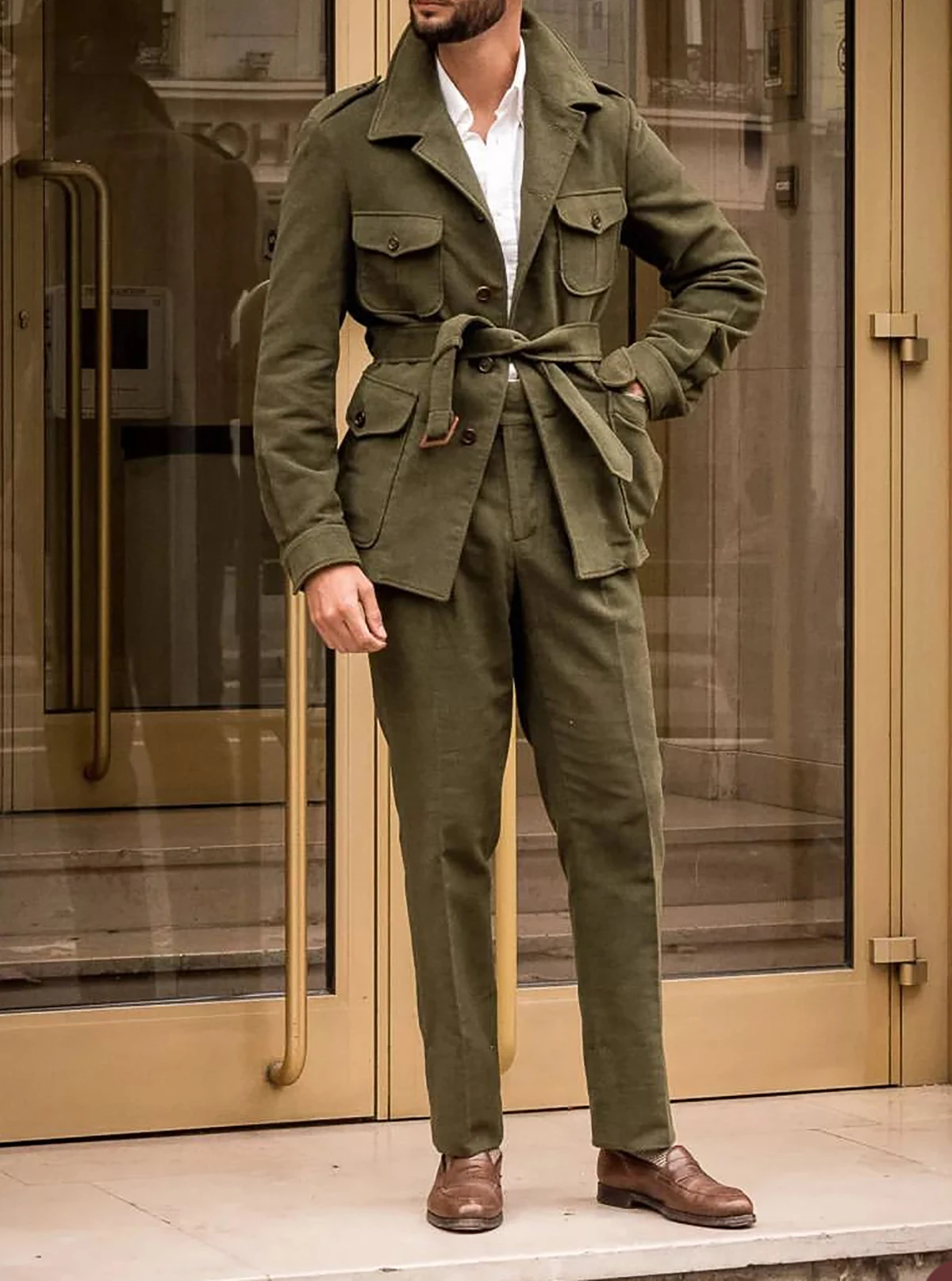 Trajes de boda de moda para hombres, ropa de novio de un solo pecho, esmoquin ajustado con cinturón, chaqueta de negocios, pantalones de 2 piezas