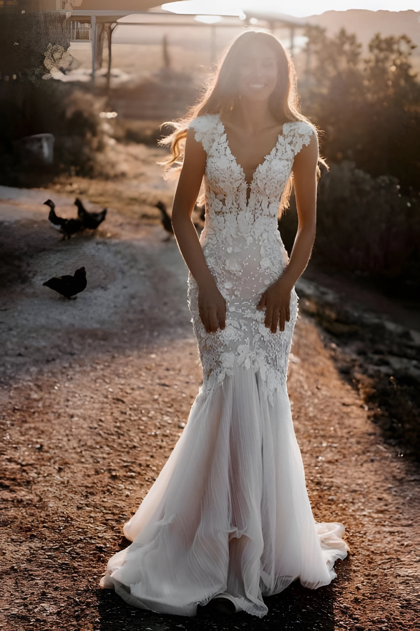 

Elegant Romantic Wedding Dress Mermaid V-Neck Backless Off-The-Shoulder Lace Sleeves Floor Length Court Train Floral Decals
