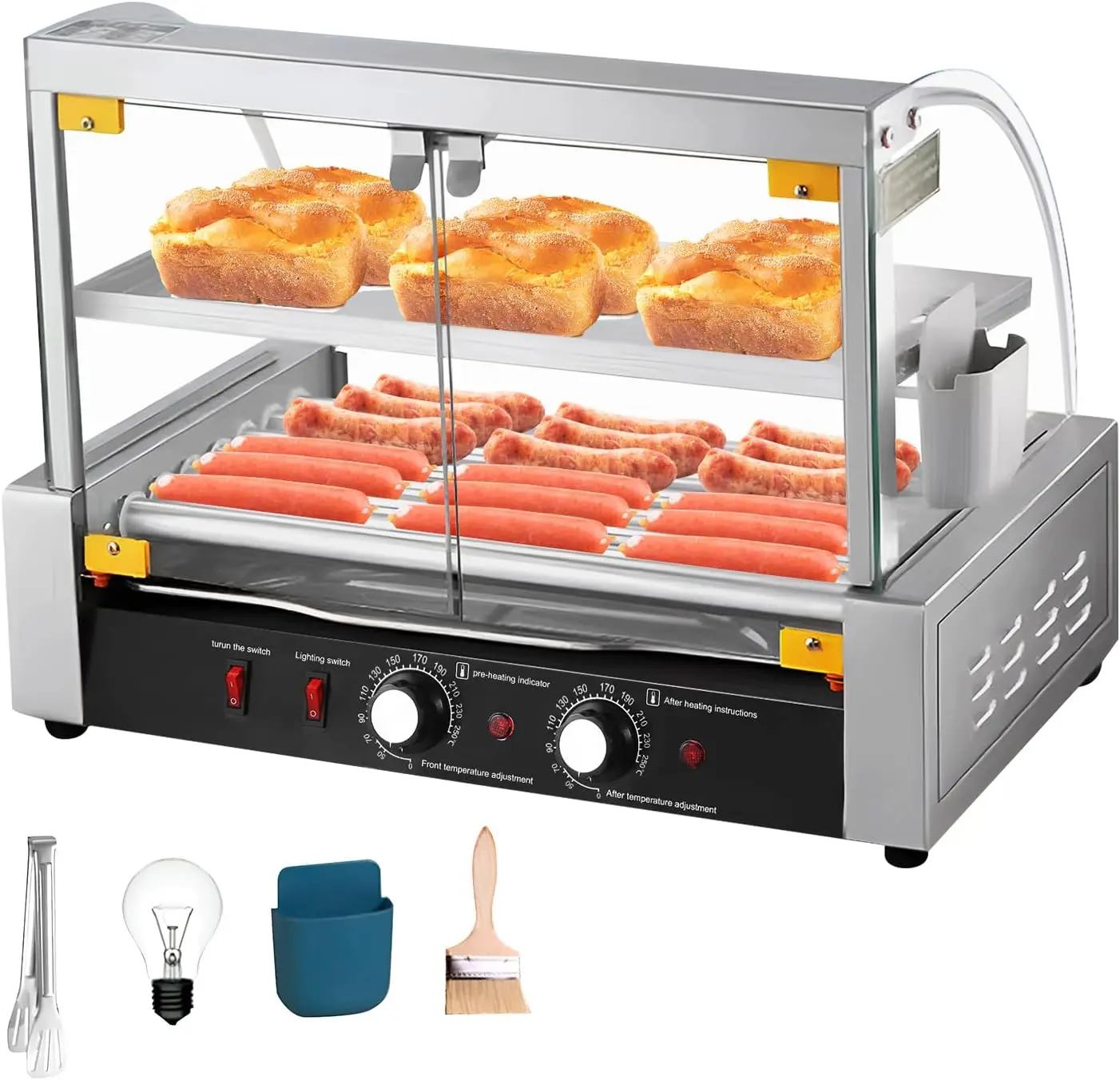 Hot Dog Roller Machine - 7 Rollers Hot Dog Grill | Non-Stick Warming Racks, Removable Oil Drip Tray, 1200W, 17 Hot Dogs