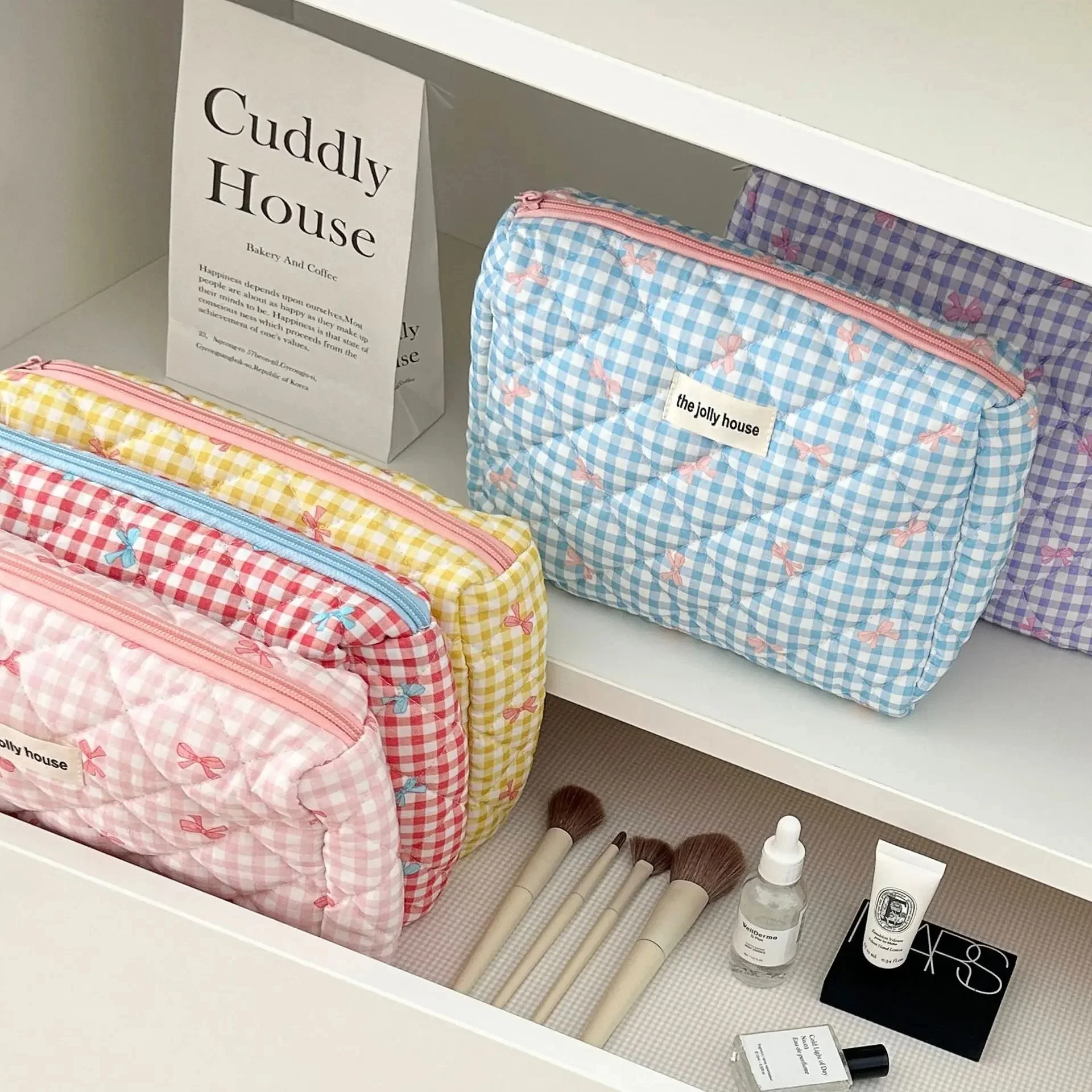 Cute Bow Cotton Makeup Bag Women Zipper Cosmetic Organizer Female Cloth Box Shape Portable Toiletry Case for Girls