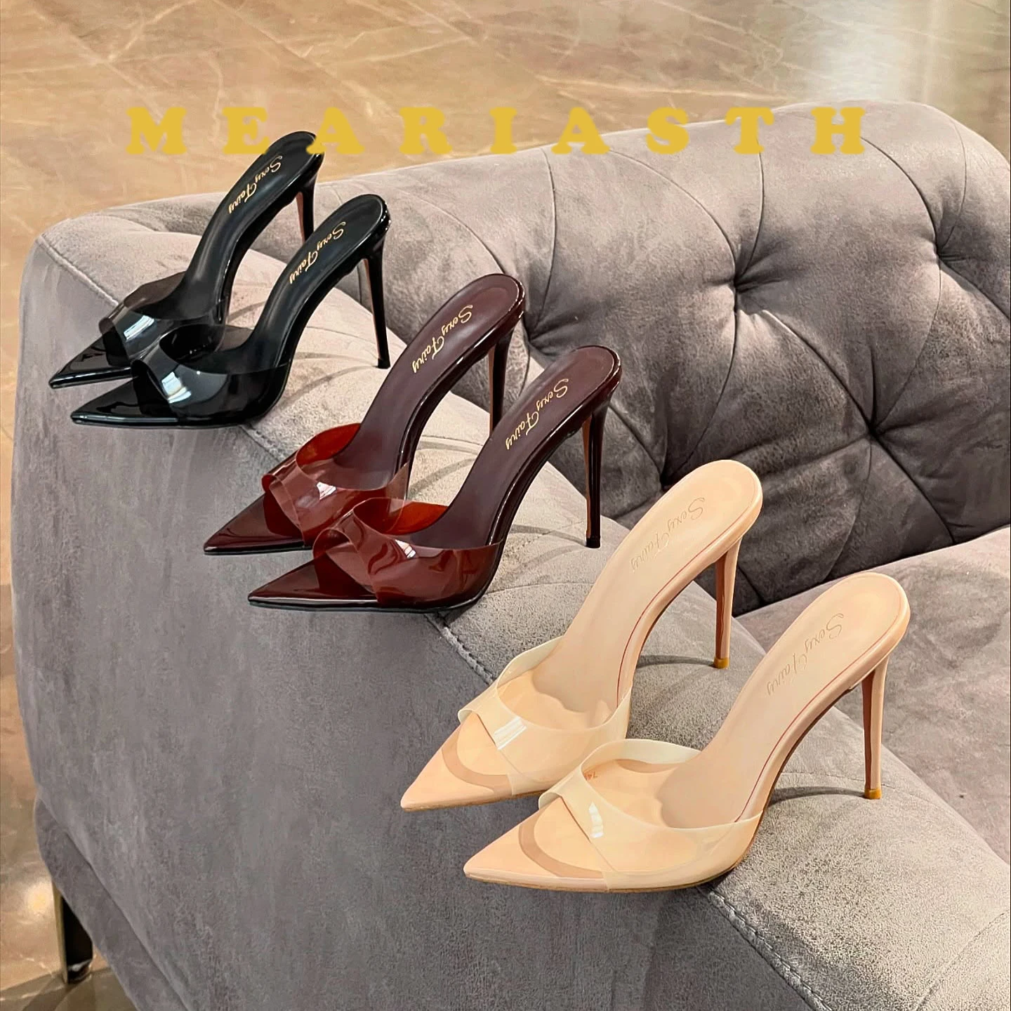 

Transparent High Heel Slippers Simple Fashionable Thin Heel Pointed open Toe Slip-on mule High Sandals Barefoot Trendy Style