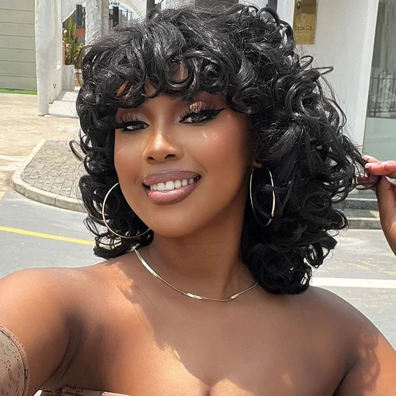 

New European and American Fashion Synthetic Short Curly Hair Wig with Bangs, Small Curly Wig