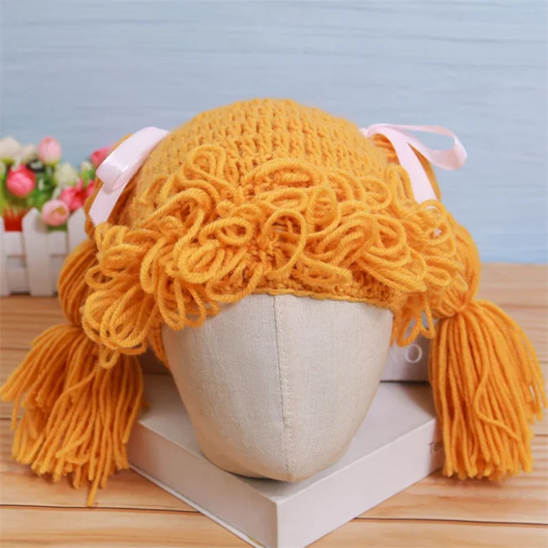 0-3Y Kids Girl Hat Beanie Hair Pigtail Curly Wig Cap Handmade Woolen Yarn Knitted Children Baby Hats and Caps Photography Props