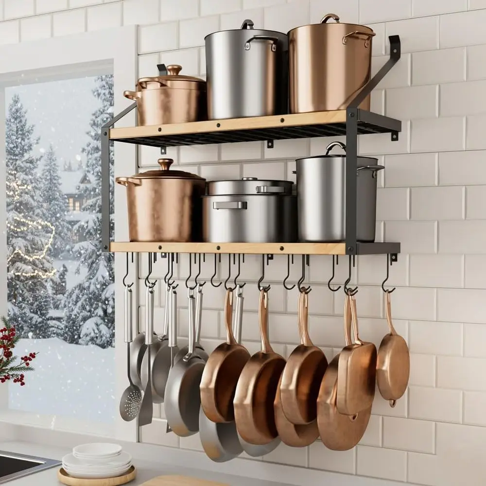 

34 Heavy-Duty Wall-Mounted Pot Rack, 20 Hooks, 2-Tier Solid Wood Organizer, Matte Black