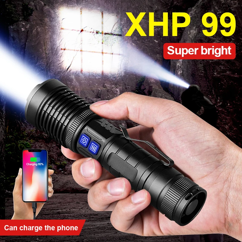 High Power XHP99 LED Flashlight Telescopic Zoom Super Bright Rechargeable LED Lamp Powerful Hunting Flashlight Hiking Torch