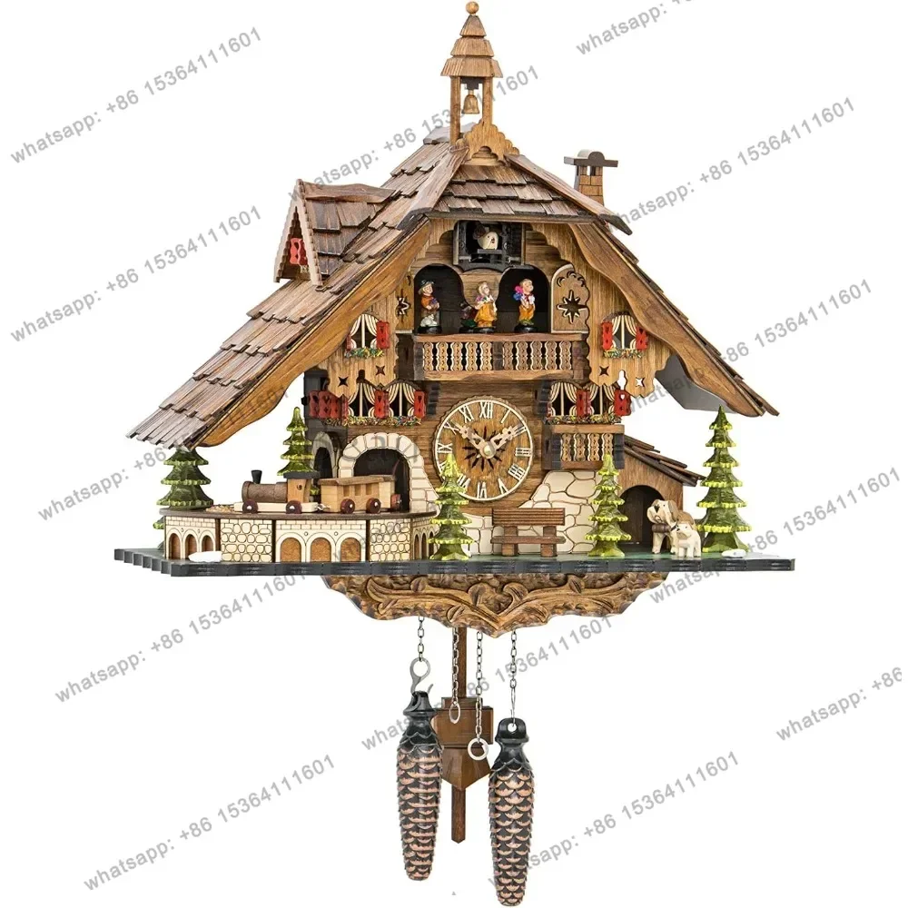 Wall Clock Quartz Cuckoo Clock Black Forest House with Moving Train, with Music