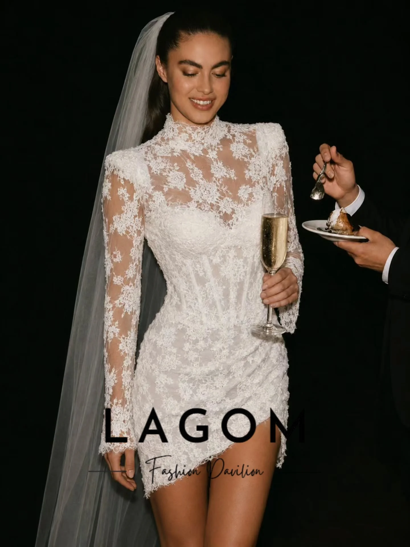 Lagom Vintage White High Neck Long Sleeve Lace Short Wedding Dress Corset Bodice Irregular Hem Mini Vestido De Novia Customized