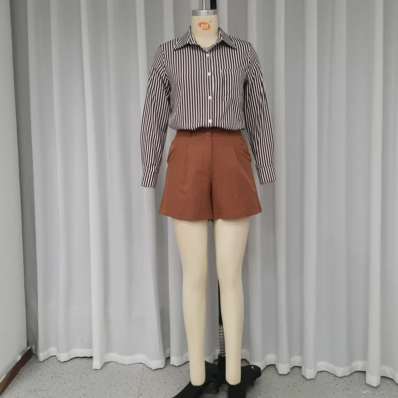 Wefads 2 Piece Set Women Summer Cacual Lapel Shirts Long Sleeves Single Breasted Button Top With Pockets Shorts Pants Sets