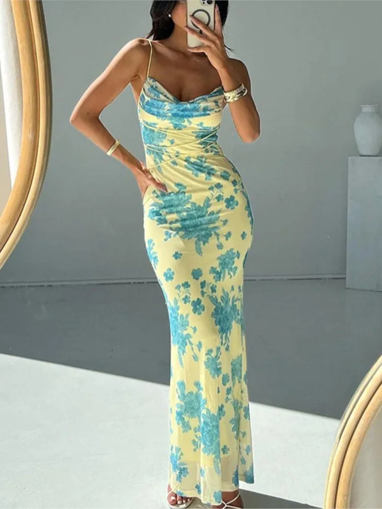 

Women's New Tie-up Long Skirt Summer Elegant Style Broken Flower Slim Slimming Hip Printed Pocket Collar Suspender Dresses