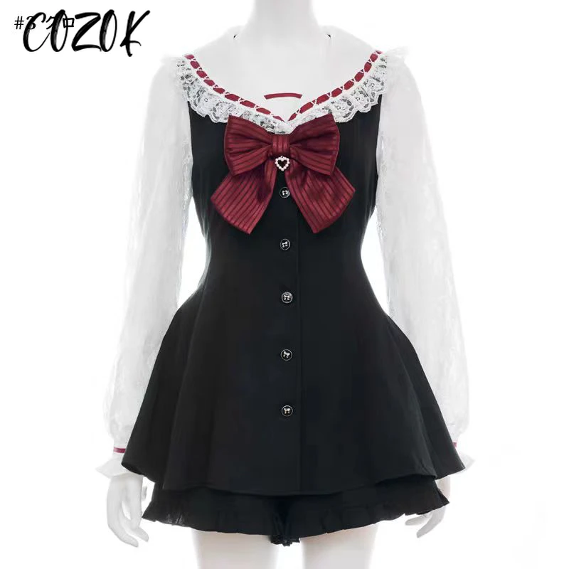 

Sweet Japanese Style Long Sleeve Dress and Short Set Lolita Suit Cute Spring Autumn 2 Piece Sets for Women 2025 New Fashion
