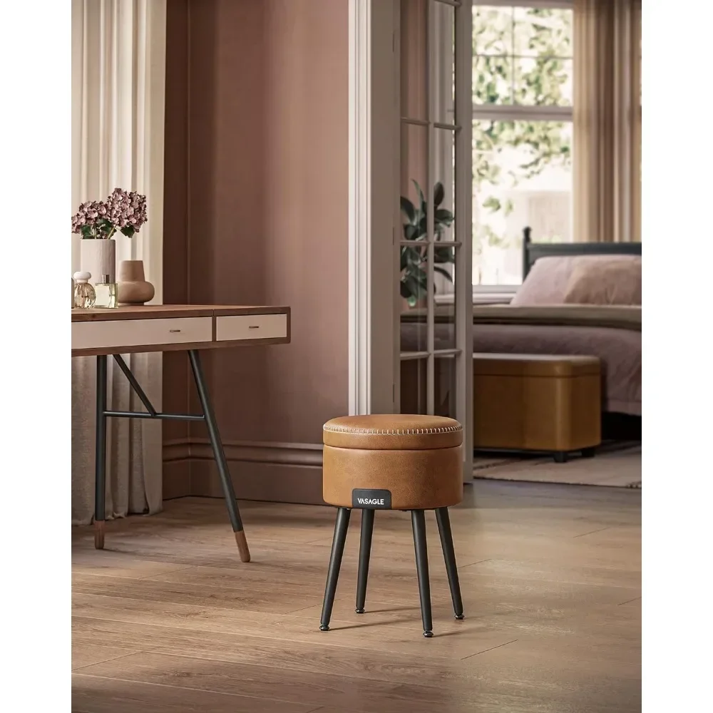 

Vanity Chair Stool, Synthetic Leather with Stitching, Mid-Century Modern, Round Storage Seat with Steel Legs High quality