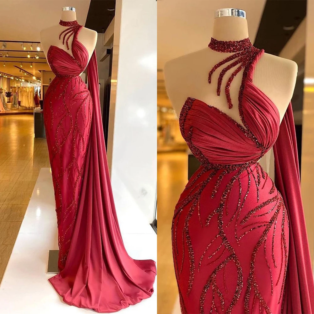 

Sexy Red Mermaid Evening Dress With Shawl New Sequined Applique Bridal Gowns Draped Floor-Length Robes De Mariée Hot Sale