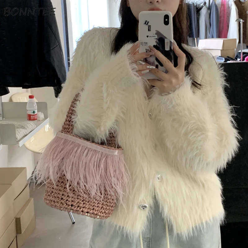 V-neck Cardigan Women White Solid Leisure Elegant Fluffy Loose Korean Style Chic Design Spring Autumn Knitted Outwear Streetwear