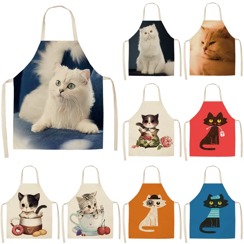 Kitchen Apron for Woman Cute Cartoon Cat Printed Sleeveless Cotton Linen Aprons For Cooking Home Cleaning Tools 55x68cm