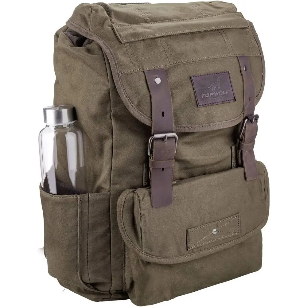 

Waxed Canvas Backpack with Leather Trims for Men - Green, One Size
