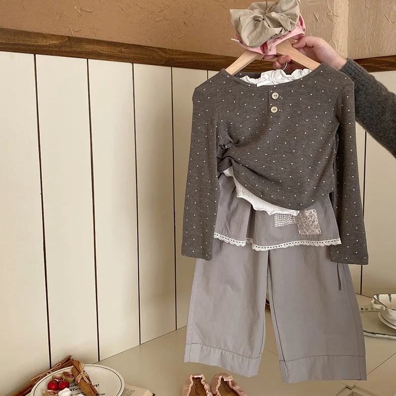 폴카 도트 탑 스트레이트 레그 팬츠 세트, 가짜 투피스, 한국 레이스 스플라이싱 버트 커튼, 루즈 스트레이트 팬츠 세트, 2025 용수철 신제품
