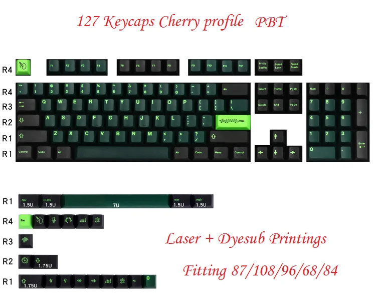 127 Keycaps set Sound Wave Black Mechanical keycap PBT for 84 68 96 108 Dyesub and Laser Print Combination