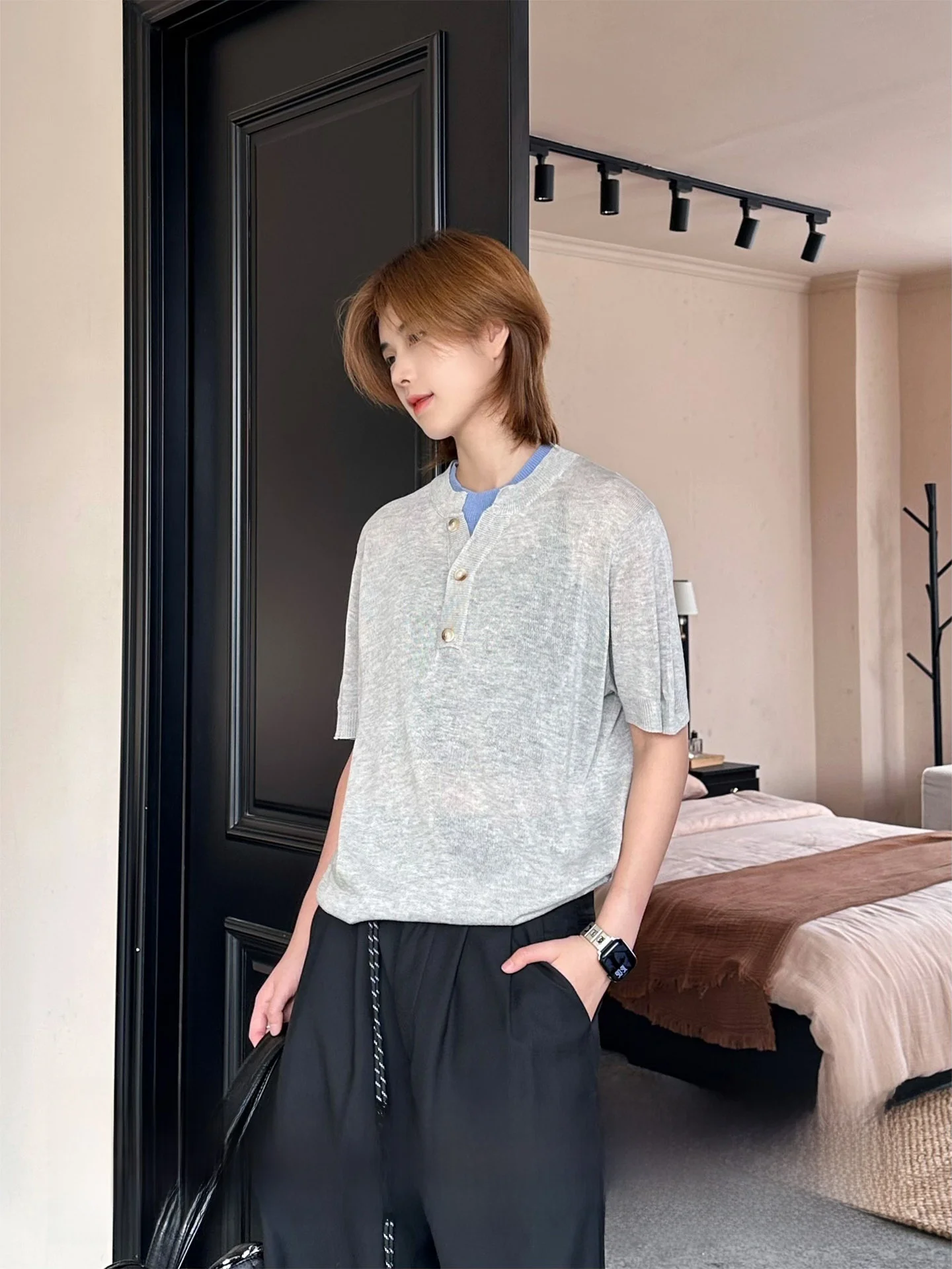 Ja1 Knitted Short Sleeve Fake Two-Piece Thin Summer Top Shoulder Width Regular Fit round Neck Casual Style Unisex T-Shirt