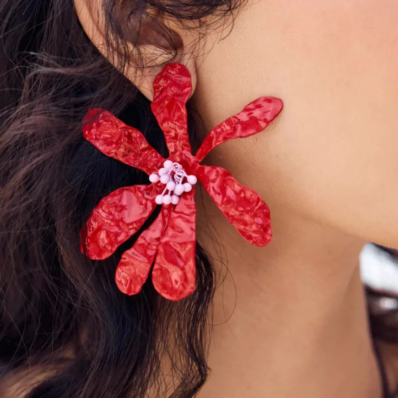 Vintage Red Enamel Large Flower Earrings for Women Europe America Personality Exaggerated Romantic Jewelry Holiday Accessory