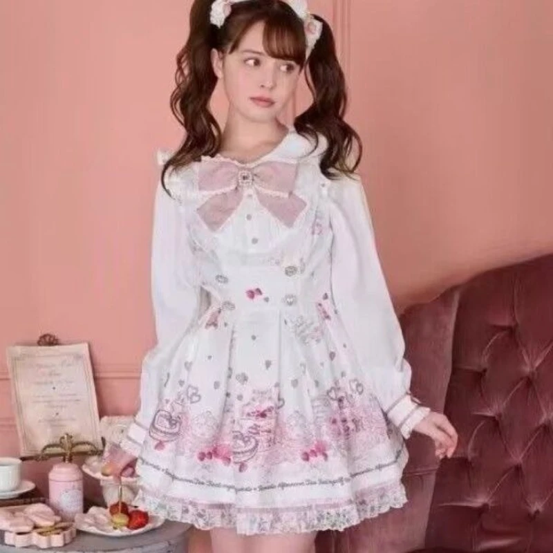 Japanese Kawaii Rhinestone Bow Dress Set Women Sweet Lolita Style Lace Pearl Cute Print Shirt Dresses Gothic Y2k Tea Party Dress