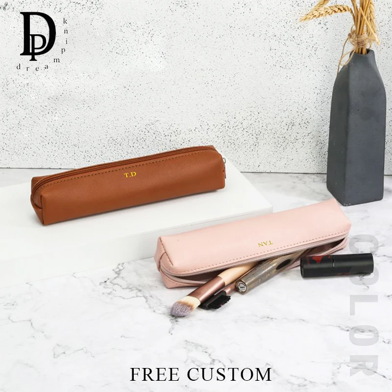 

Custom Name Travel Cosmetic Bag Zipper Luxury Leather Make Up Brush Storage Bags Business Student Pencil Case Personalized Gift